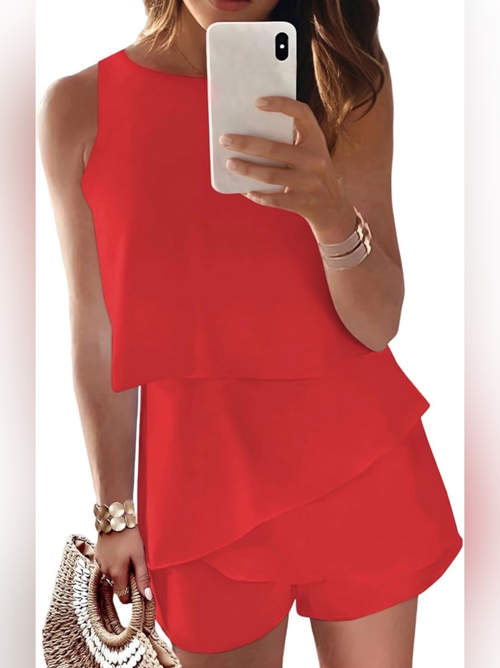 Red Layered Sleeveless Romper - Women's Elegant Cocktail Romper size L Dockotoo